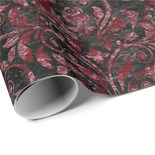 Papel De Regalo Royal Damask Aplastado Velvet Black Burgundy Maroo (Esquina del rollo)