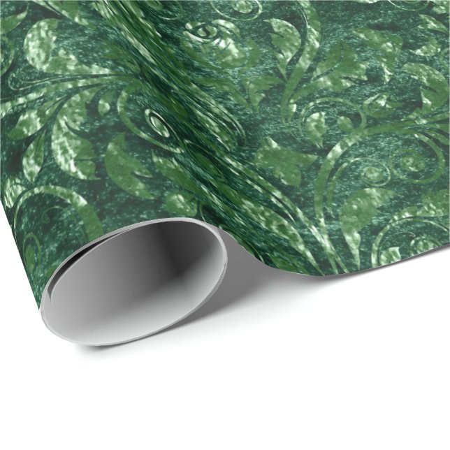 Papel De Regalo Royal Damask Aplastado Velvet Woodland Emerald Gre (Esquina del rollo)