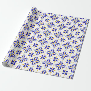 Papel De Regalo Royal Fleur Elegant Blue and Gold Botanical Mosaic
