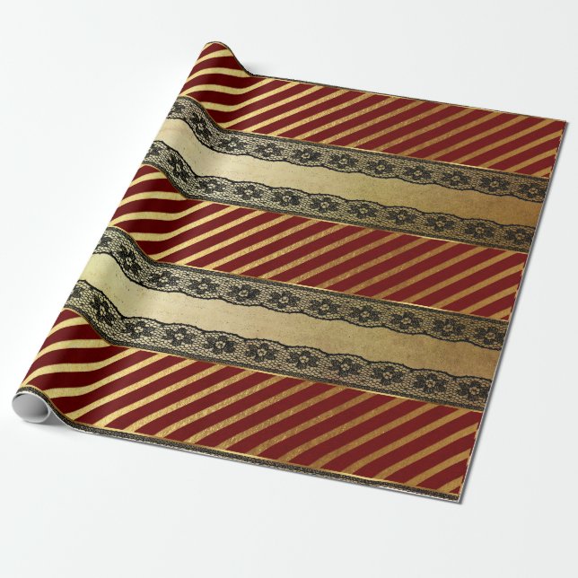 Papel De Regalo Royal Glam Golden Red Burgundy Lace Vip (Desenrollado)