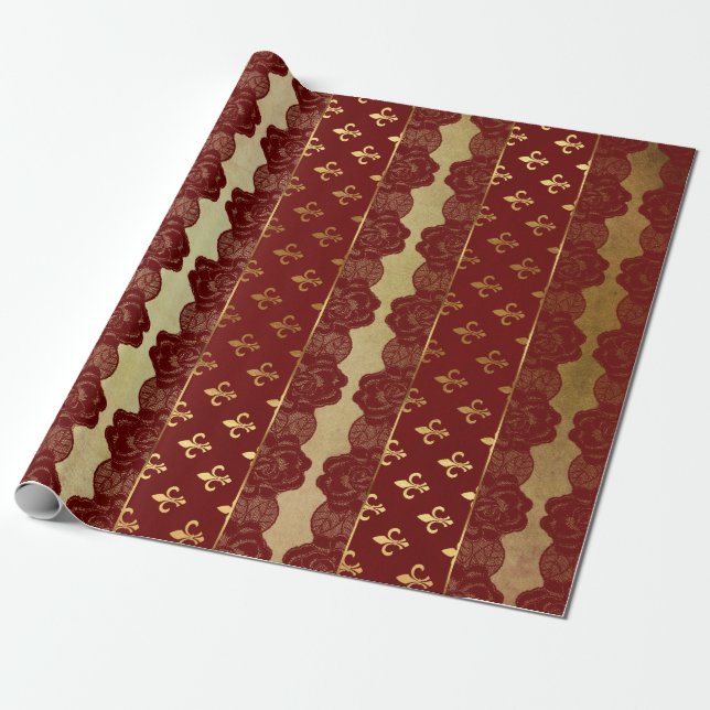 Papel De Regalo Royal Heraldic Golden Red Burgungundy Lace Vip (Desenrollado)