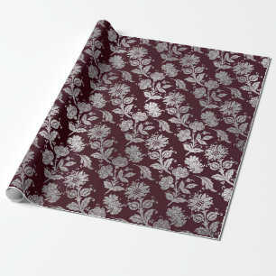 Papel De Regalo Royal Maroon Burgundy Floral Silver Rosas brillant