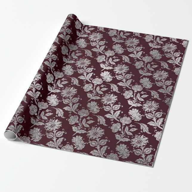 Papel De Regalo Royal Maroon Burgundy Floral Silver Rosas brillant (Desenrollado)