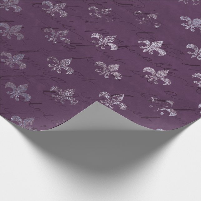 Papel De Regalo Royal Princess Violet Script Purple Fleur-de-lis (Esquina)