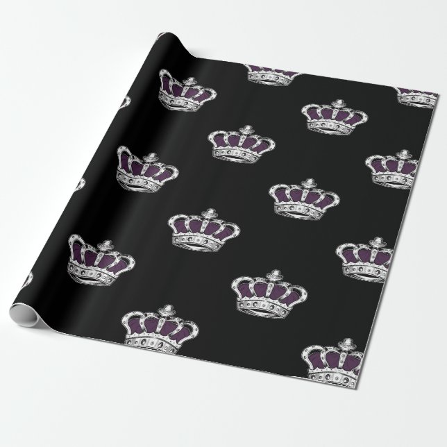 Papel De Regalo Royal Purple Crown Pattern on Bold Black Back (Desenrollado)