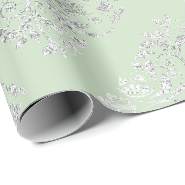 Papel De Regalo Royal Squares Damask Mint Green Silver Vip (Esquina del rollo)