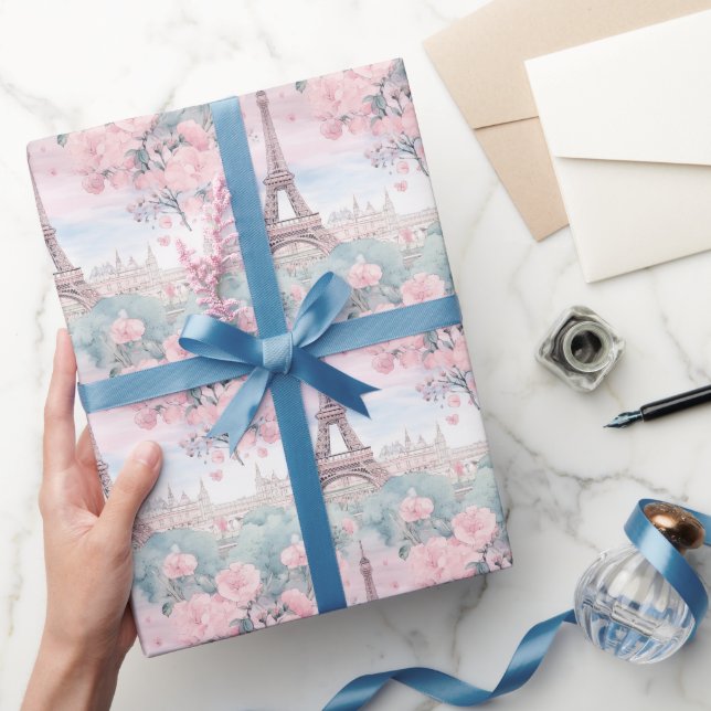Papel De Regalo Rubor Pink Blue Eiffel Tower Paris Paisaje Francés (Regalar)