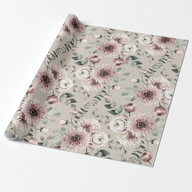 Papel De Regalo Rubor Pink Ranunculus Dahlias Eucalyptus Garden (Desenrollado)