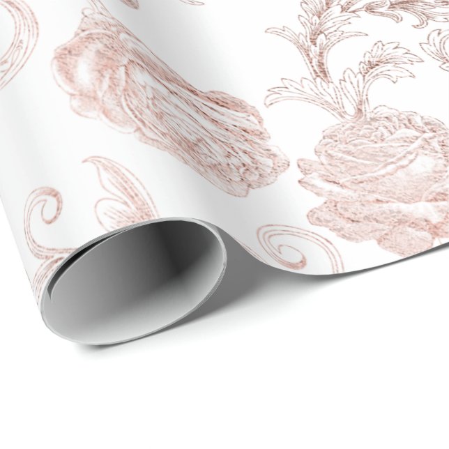 Papel De Regalo Rubor Roses rosados Oro Polvo Real Delicado Blanco (Esquina del rollo)
