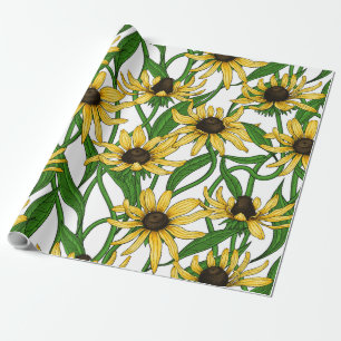Papel De Regalo Rudbekia amarilla sobre blanco