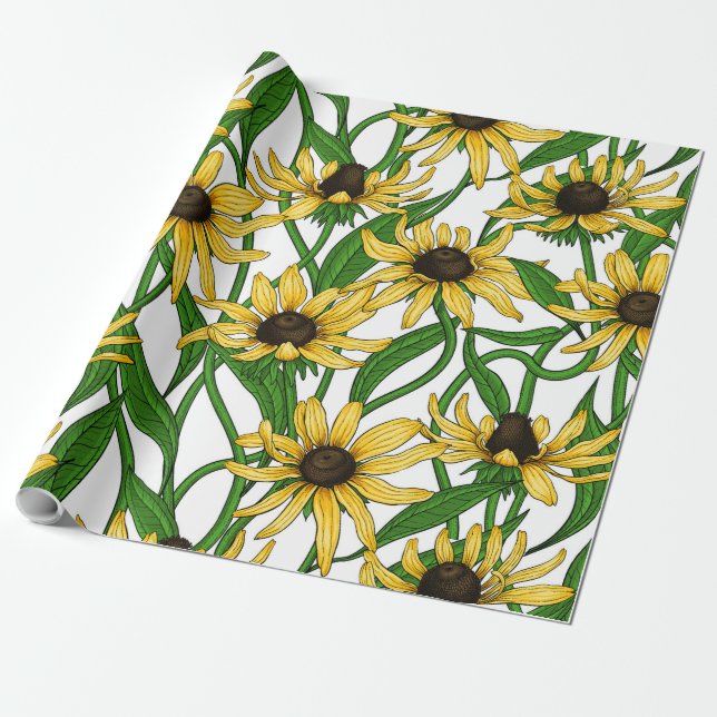 Papel De Regalo Rudbekia amarilla sobre blanco (Desenrollado)