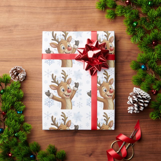 Papel De Regalo Rudolph con copos de nieve azules  (Regalo de vacaciones)