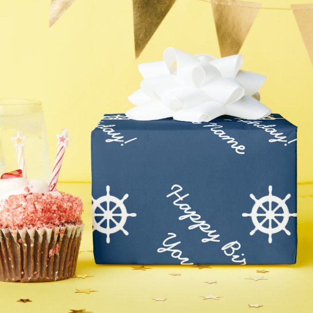 Papel De Regalo Rueda náutica personalizada azul y blanco (Fiesta de cumpleaños )