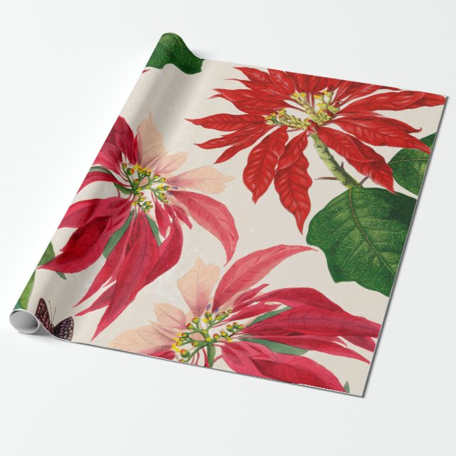 Papel De Regalo Ruido Rojo Acuarela Poinsettia Verdor Floral (Desenrollado)
