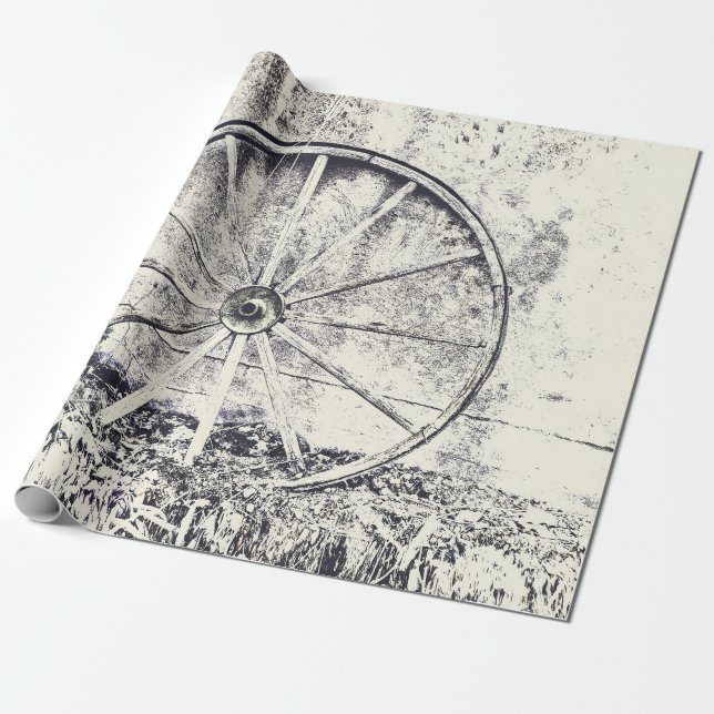 Papel De Regalo Ruido Rústico Occidental De Vagón Blanco Y Negro (Desenrollado)