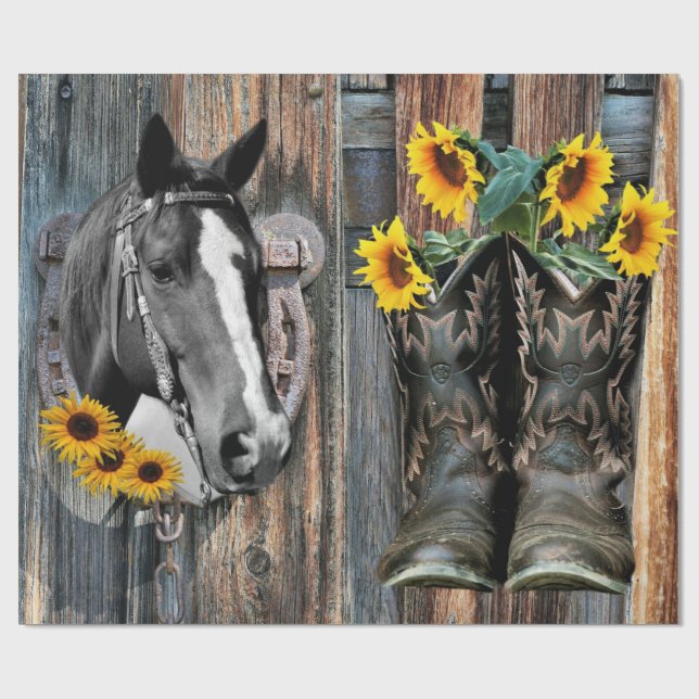 Papel De Regalo Russe Western Horse Cowboy botas Sunflowers (Superficie plana)