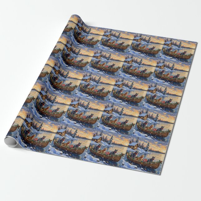 Papel De Regalo Russian Blue Cat Christmas Boat Holiday (Desenrollado)