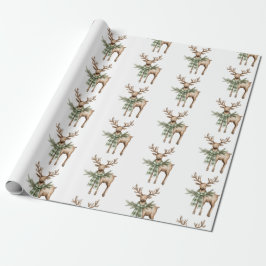 Papel De Regalo Rustic Brown Bows Cream Green Christmas Trees Deer