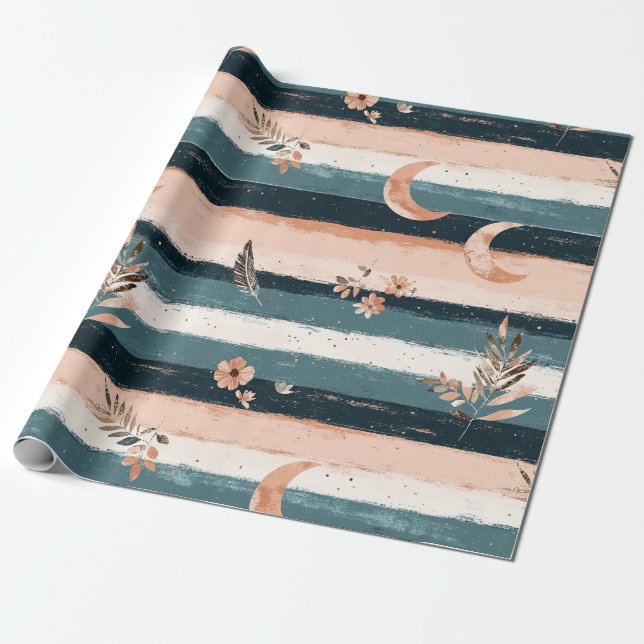 Papel De Regalo Rustic Celestial Stripe Moon Sun Earthy (2) (Desenrollado)