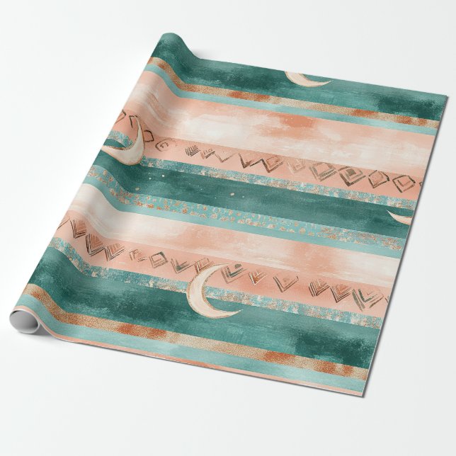 Papel De Regalo Rustic Celestial Stripe Moon Sun Earthy (8) (Desenrollado)