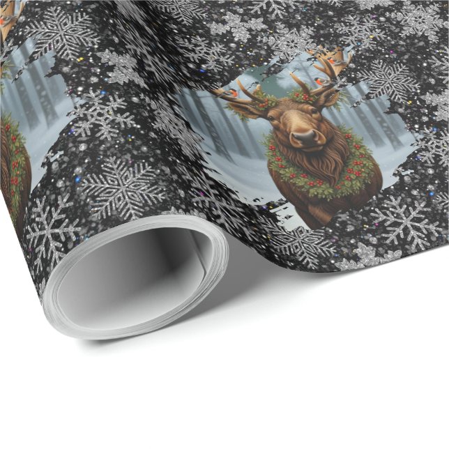 Papel De Regalo Rustic Christmas moose winter woodland forest snow (Esquina del rollo)