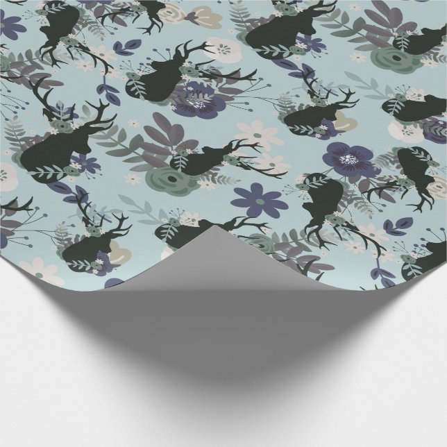Papel De Regalo Rustic Deer Head Blue Floral Moderno Baby Shower (Esquina)