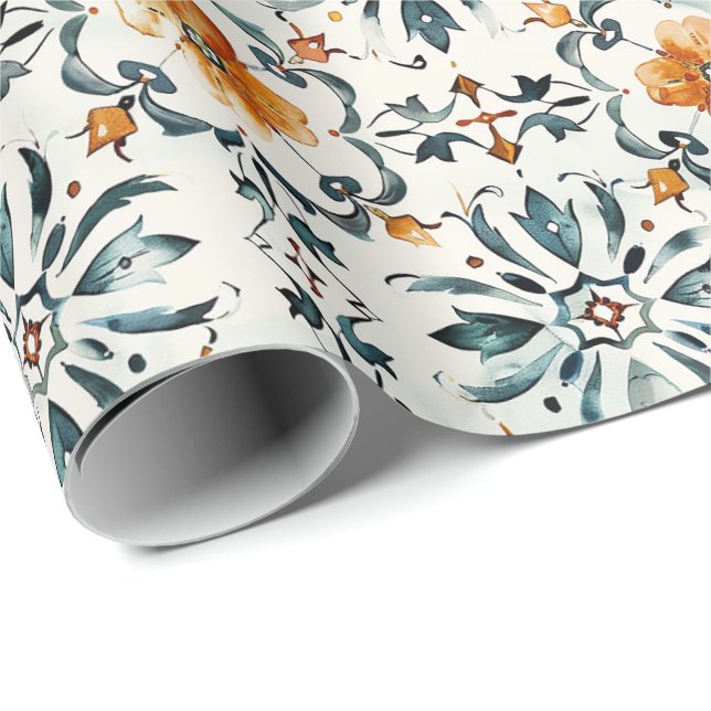 Papel De Regalo Rustic Floral Tile Wrapping Paper, Orange & Teal  (Esquina del rollo)