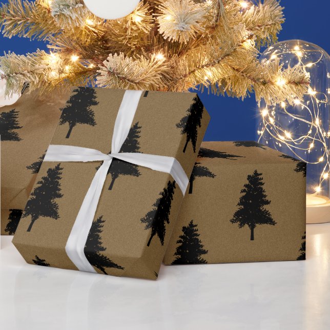 Papel De Regalo Rustic Kraft Brown Black Christmas Tree Pattern (Vacaciones)