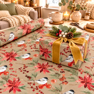 Papel De Regalo Rustic Kraft Carboneros Bayas Rojas & Poinsettias