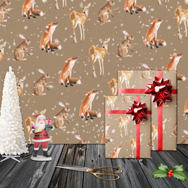 Papel De Regalo Rustic Kraft Elegant Snowy Winter Animales (Rustic Kraft Elegant Snowy Winter Animals Christmas Holiday Gift Wrapping Rolls: Matte or Glossy)