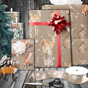 Papel De Regalo Rustic Kraft Elegant Winter Animals Snowflakes