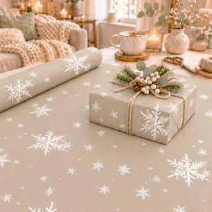 Papel De Regalo Rustic Kraft Invierno Blanco Copos de Nieve Brilla