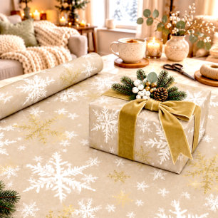 Papel De Regalo Rustic Kraft Invierno Blanco y Copos de Nieve Dora