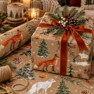 Papel De Regalo Rustic Kraft Todo Bosque y Zorro Ártico