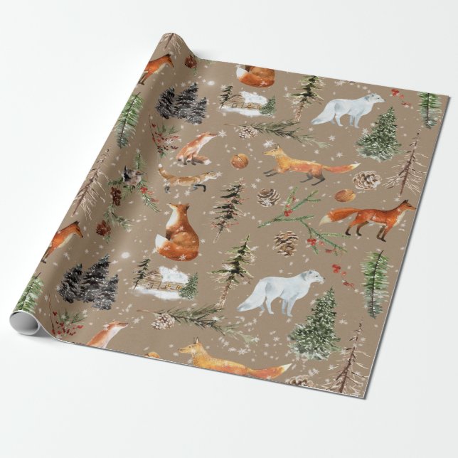Papel De Regalo Rustic Kraft Todo Woodland y Arctic Fox (Desenrollado)