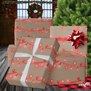 Papel De Regalo Rustic Kraft Vintage Luces de cuerda rojas brillan