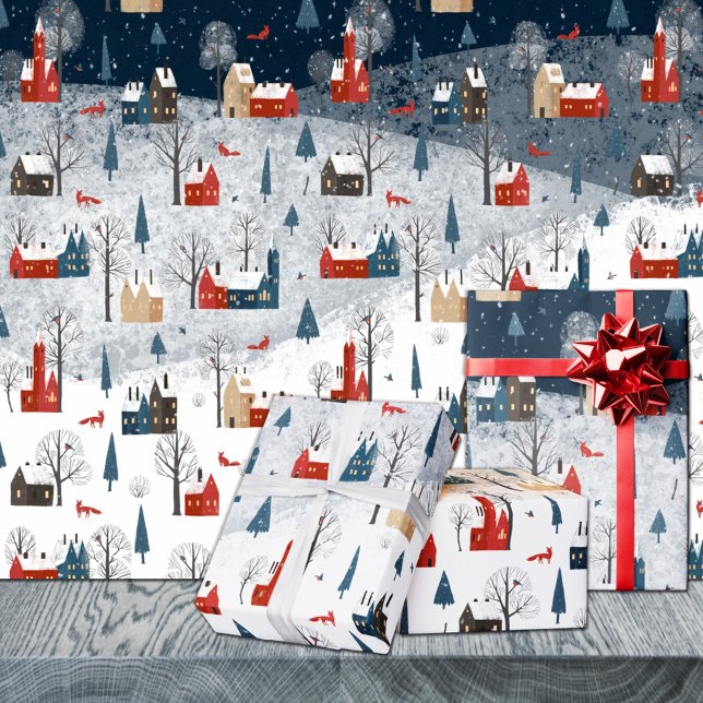 Papel De Regalo Rustic Nordic Winter Mountain Village Red Fox (Rustic Nordic Winter Mountain Village Red Fox Christmas Holiday Gift Wrapping Paper Rolls)