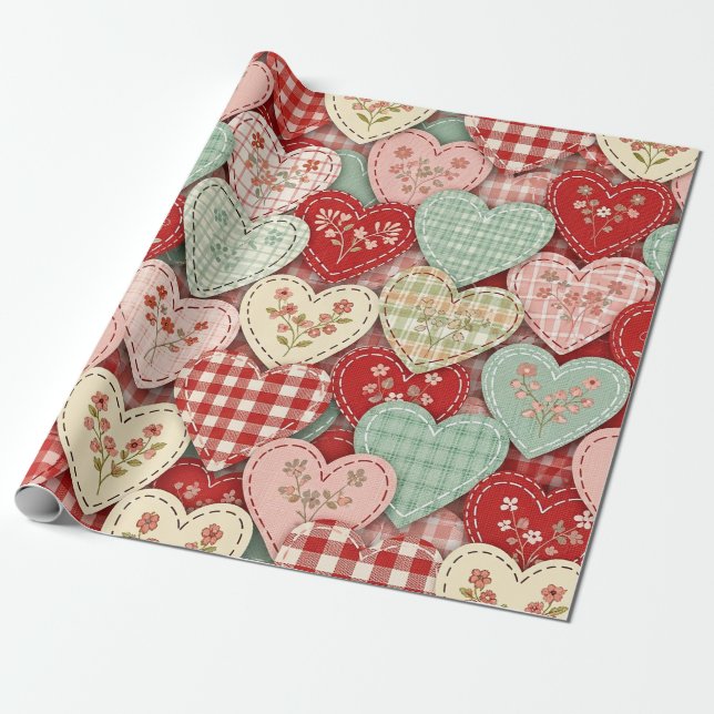 Papel De Regalo Rustic Patchwork Hearts Picnic Pattern (3) (Desenrollado)