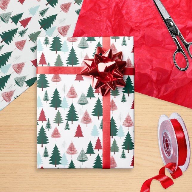 Papel De Regalo Rustic Pine Forest Scandi Christmas Trees Pattern (Christmas gift wrapping paper, patterned with red, green and mint pine trees on a white background)