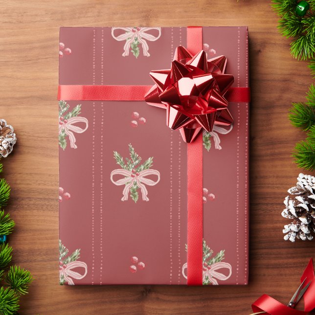Papel De Regalo Rustic Red Botanical Bows Christmas (Rustic Red Botanical Bows Christmas Wrapping Paper | Vintage Holiday Elegance by Painted Paperie)