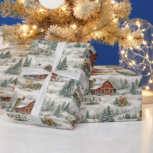 Papel De Regalo Rustic Snow Covered Farmhouse Winter Pattern (Vacaciones)