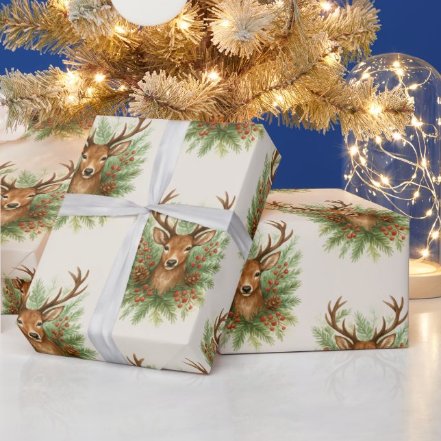 Papel De Regalo Rustic Woodland Deer Head with Winter Foliage -  (Vacaciones)