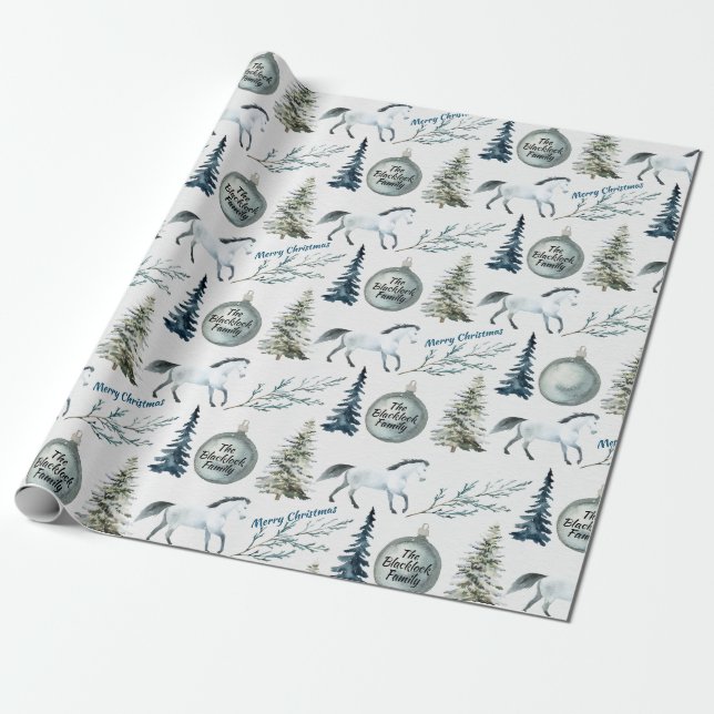 Papel De Regalo Rústica acuarela invierno Caballo de nombre y aleg (Desenrollado)