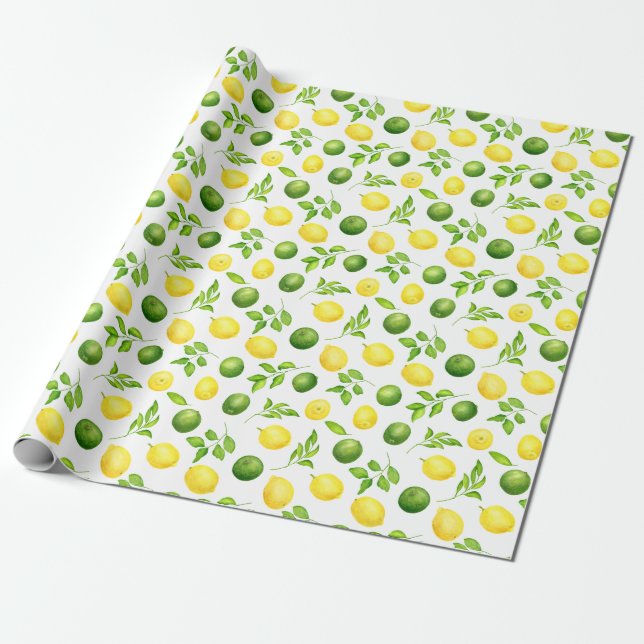 Papel De Regalo Rústica acuarela Lemones y patrón de vegetación (Desenrollado)