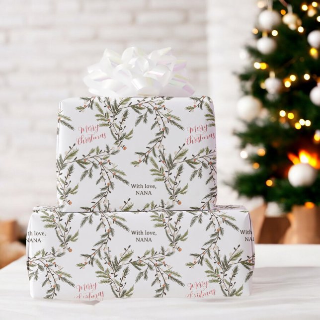 Papel De Regalo Rústicas ramas de pino festividades navideñas navi (Rustic Pine Branches Holiday Merry Christmas Wrapping Paper)