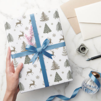 Papel De Regalo Rústico acento de oro de Woodland con renos y árbo