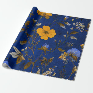 Papel De Regalo Rústico Atrevido Azul Marino Botánico Floral Vinta