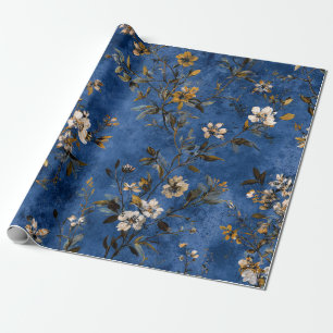 Papel De Regalo Rústico Atrevido Azul Marino Botánico Floral Vinta
