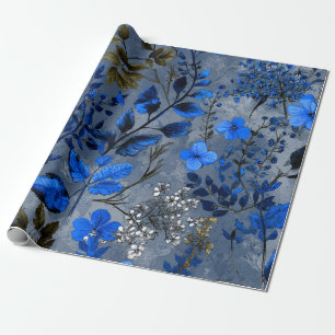 Papel De Regalo Rústico Atrevido Azul Marino Botánico Floral Vinta