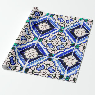 Papel De Regalo Rústico Azulejo Patrón Español Azulejo Navío Blanc